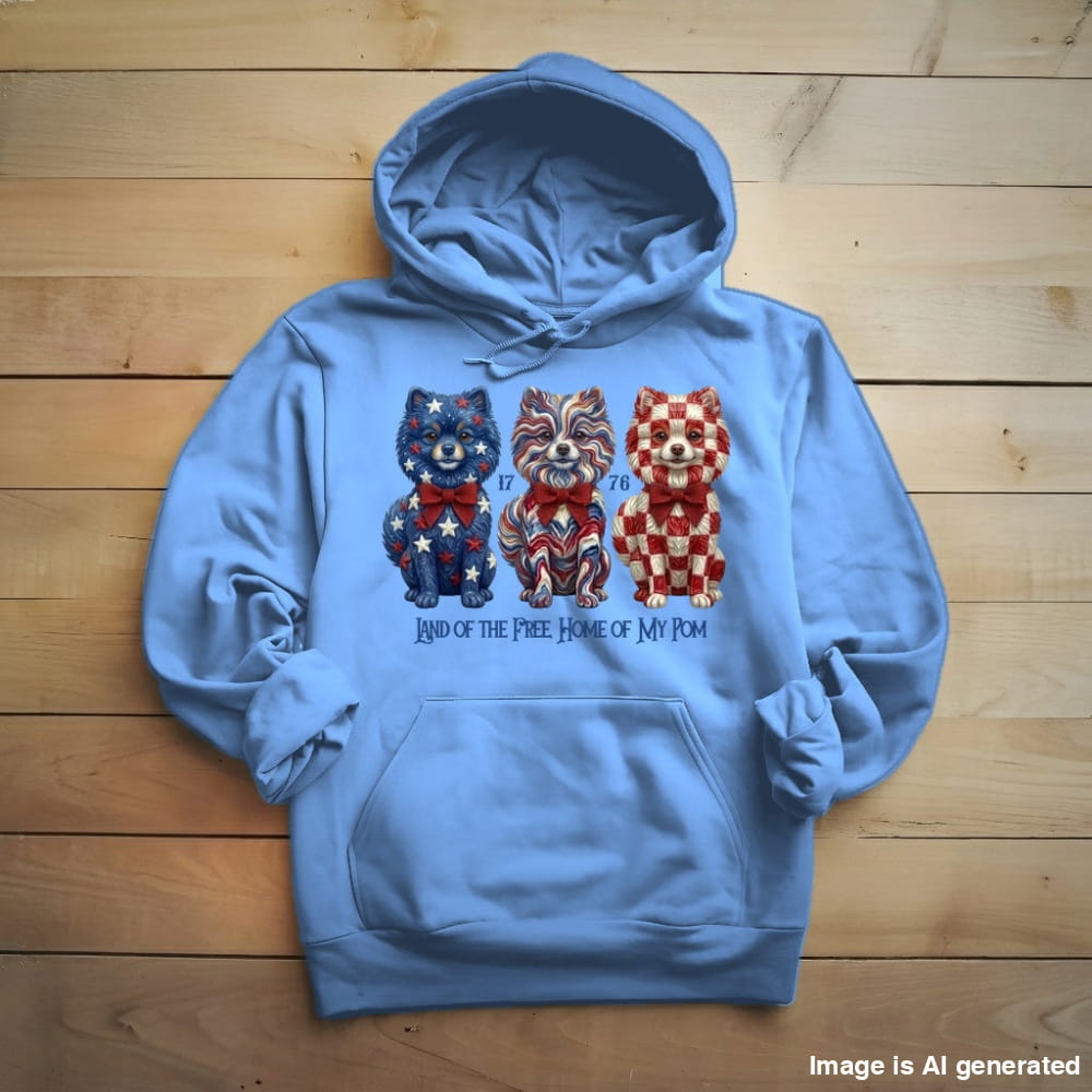 A light blue pullover hoodie laid flat on a light wood plank background. The hoodie features a graphic print of three French Bulldogs wearing patriotic red, white, and blue outfits, with the text 'LAND OF THE FREE, HOME OF MY PUP' printed below them.