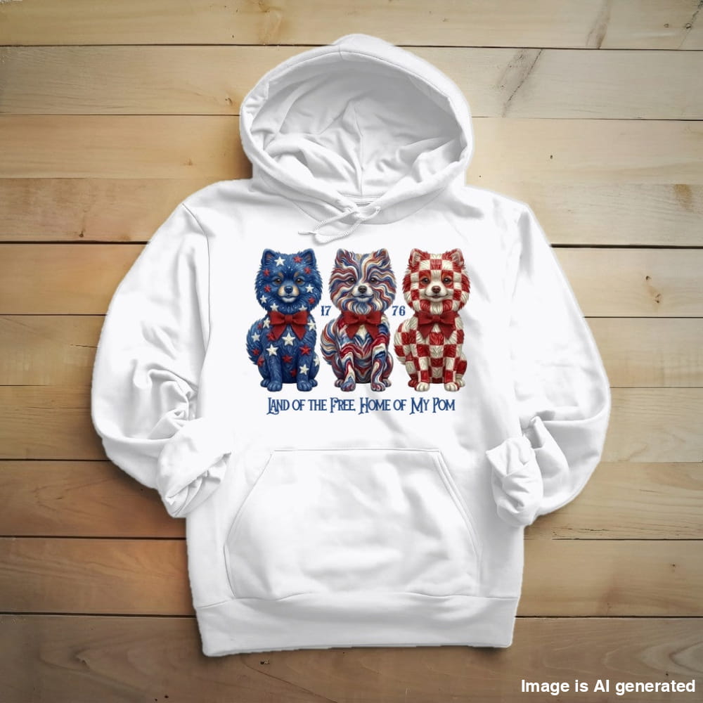 A white pullover hoodie laid flat on a light wood plank background, featuring a graphic of three cartoon dogs in patriotic red, white, and blue patterns with the text 'LAND OF THE FREE HOME OF MY POM'.