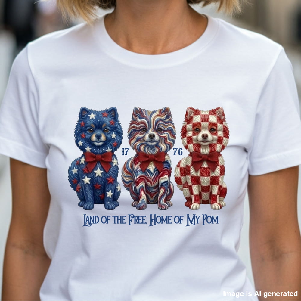 White t-shirt with patriotic dog illustrations and text worn by a person.