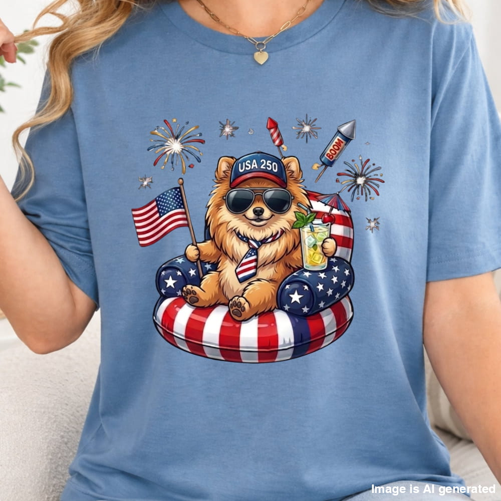 Blue t-shirt with a bear graphic holding an American flag and a drink, surrounded by fireworks and stars.