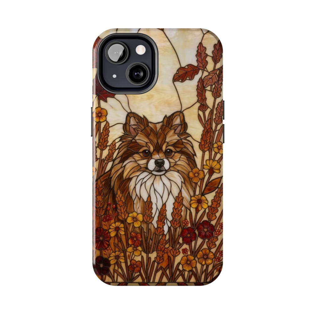 Pomeranian Stained Glass Style Tough Case, Autumn Warmth Theme - iPhone 13 - Phone Case