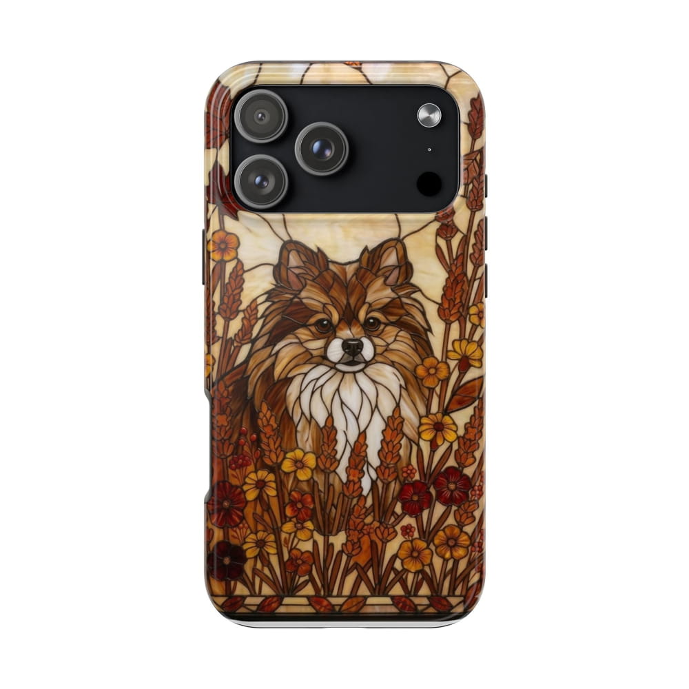 Pomeranian Stained Glass Style Tough Case, Autumn Warmth Theme - iPhone 17 Pro Max - Phone Case