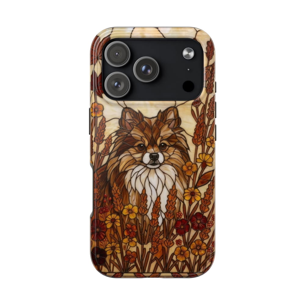 Pomeranian Stained Glass Style Tough Case, Autumn Warmth Theme - iPhone 17 Pro - Phone Case