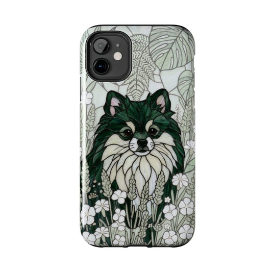 Phone case with a dog illustration in a floral pattern on a white background