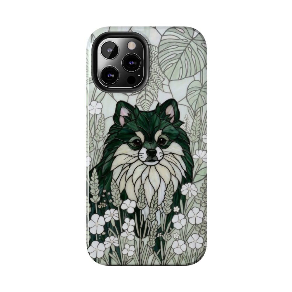 Pomeranian Stained Glass Style Tough Case, Botanical Green Theme - iPhone 12 Pro Max - Phone Case