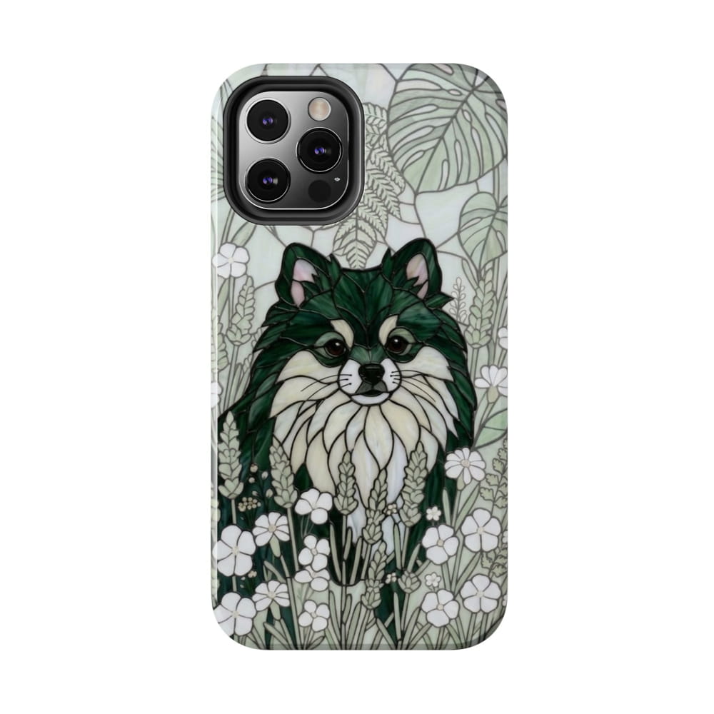 Pomeranian Stained Glass Style Tough Case, Botanical Green Theme - iPhone 12 Pro - Phone Case