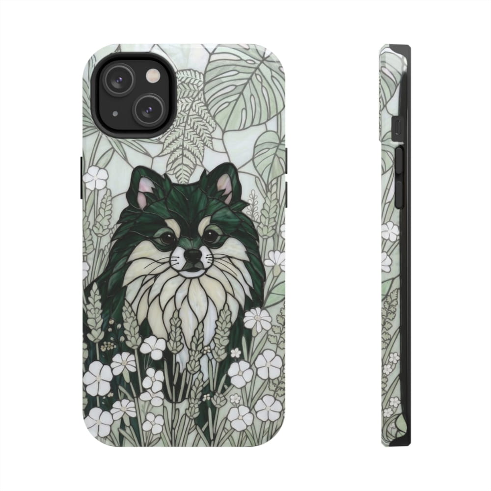 Pomeranian Stained Glass Style Tough Case, Botanical Green Theme - iPhone 14 Plus - Phone Case