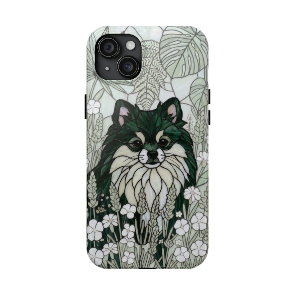 Pomeranian Stained Glass Style Tough Case, Botanical Green Theme - iPhone 15 Plus - Phone Case