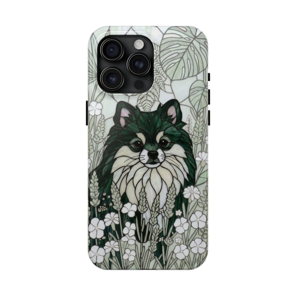 Pomeranian Stained Glass Style Tough Case, Botanical Green Theme - iPhone 15 Pro Max - Phone Case