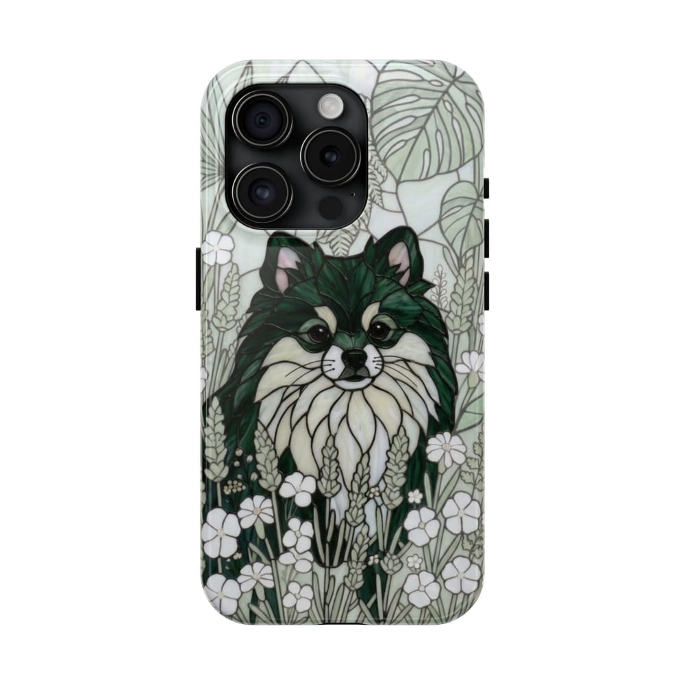 Pomeranian Stained Glass Style Tough Case, Botanical Green Theme - iPhone 15 Pro - Phone Case