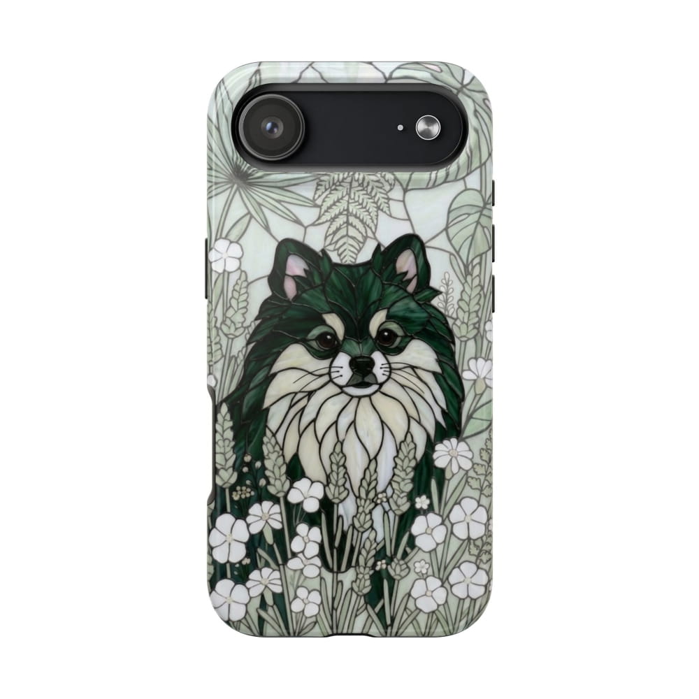Pomeranian Stained Glass Style Tough Case, Botanical Green Theme - iPhone 17 Air - Phone Case