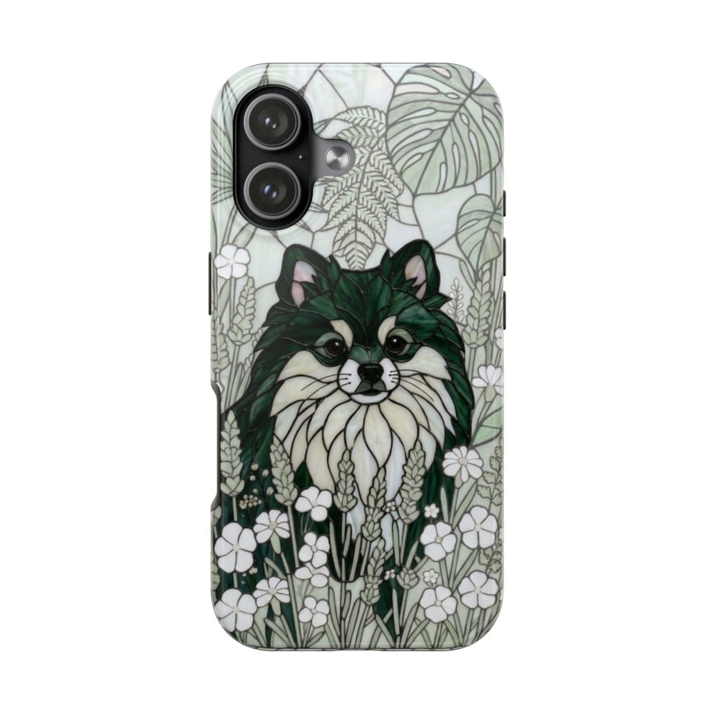 Pomeranian Stained Glass Style Tough Case, Botanical Green Theme - iPhone 17 - Phone Case