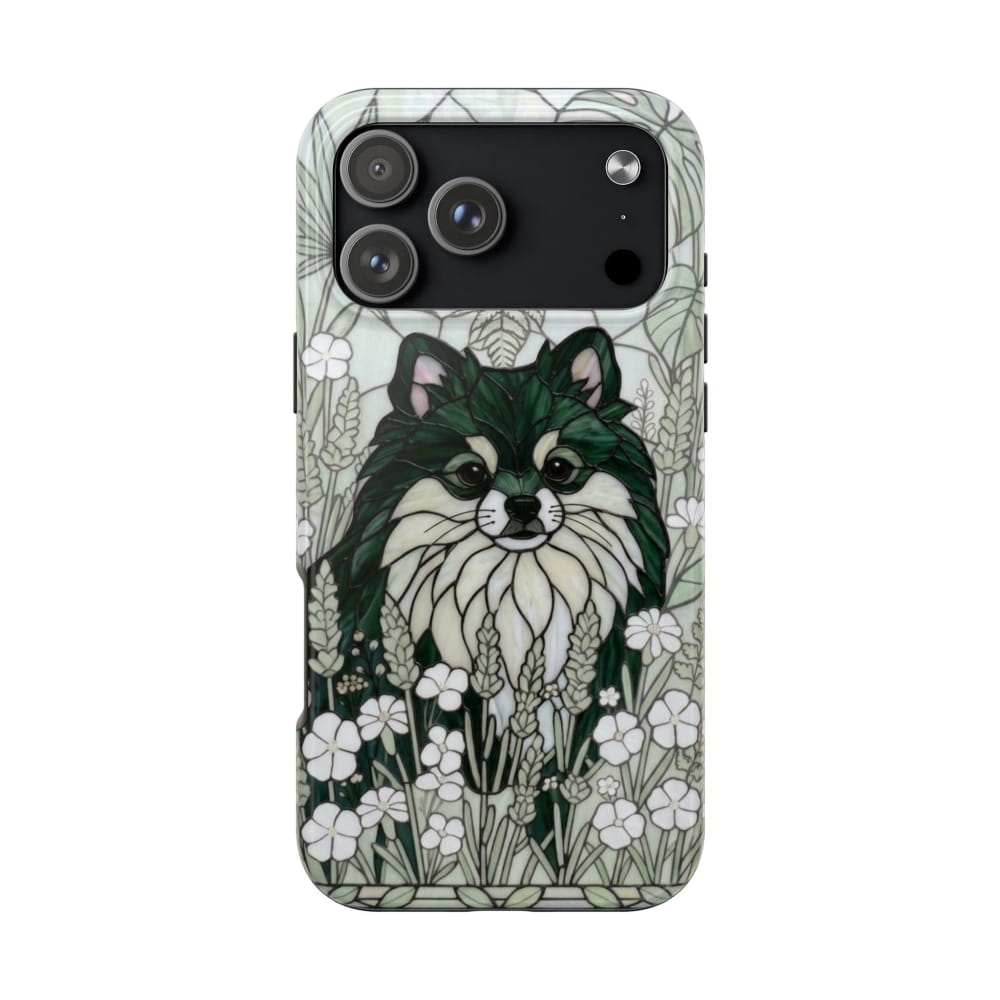 Pomeranian Stained Glass Style Tough Case, Botanical Green Theme - iPhone 17 Pro Max - Phone Case