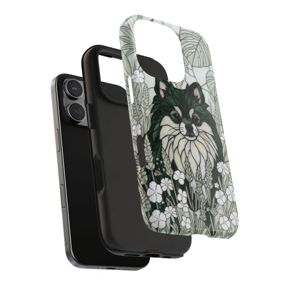 Pomeranian Stained Glass Style Tough Case, Botanical Green Theme - Phone Case