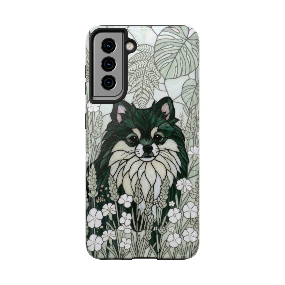 Pomeranian Stained Glass Style Tough Case, Botanical Green Theme - Samsung Galaxy S21 - Phone Case
