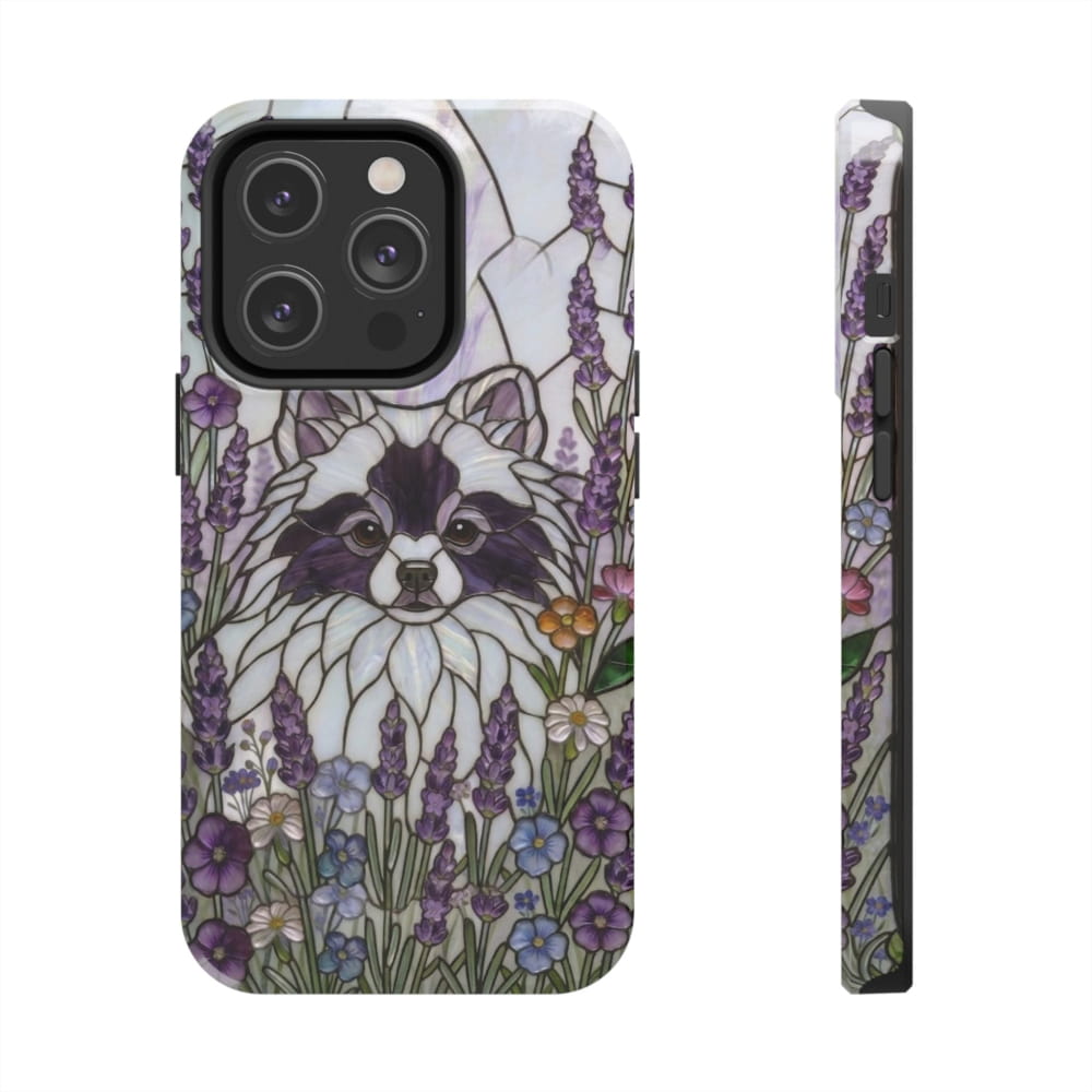 Pomeranian Stained Glass Style Tough Case, Lavender Floral Theme - iPhone 14 Pro - Phone Case