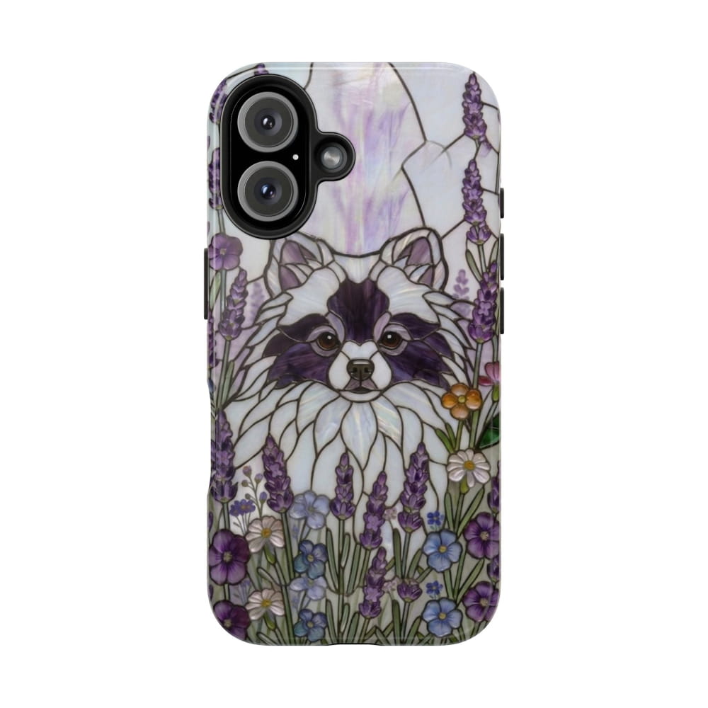Pomeranian Stained Glass Style Tough Case, Lavender Floral Theme - iPhone 16 - Phone Case