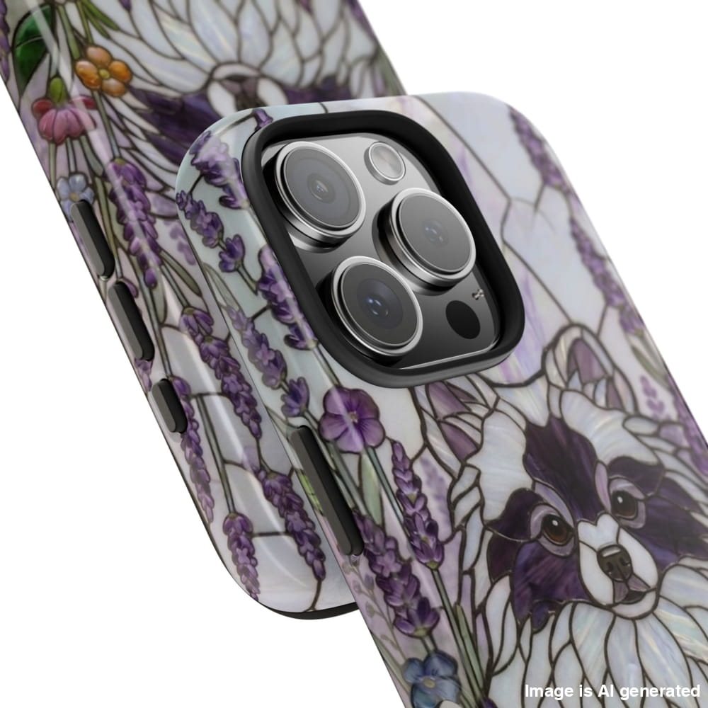 Pomeranian Stained Glass Style Tough Case, Lavender Floral Theme - iPhone 16 Pro - Phone Case