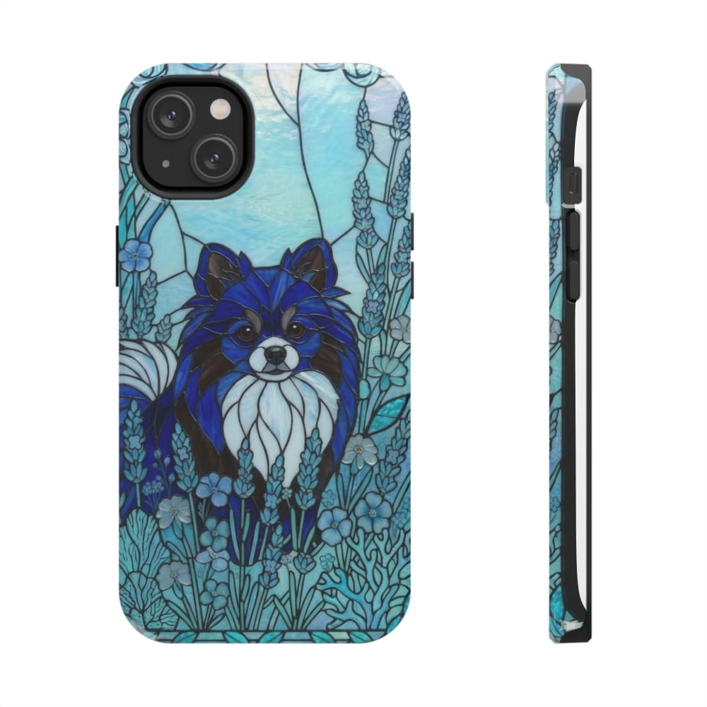 Pomeranian Stained Glass Style Tough Case, Ocean Blue Theme - iPhone 14 Plus - Phone Case