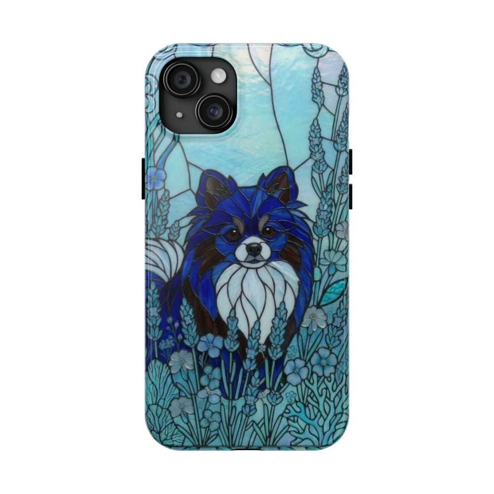 Pomeranian Stained Glass Style Tough Case, Ocean Blue Theme - iPhone 15 Plus - Phone Case