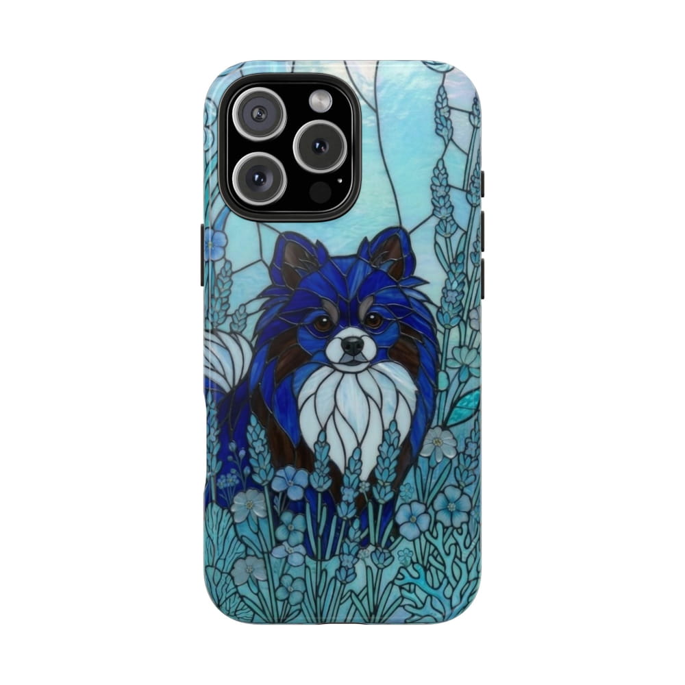 Pomeranian Stained Glass Style Tough Case, Ocean Blue Theme - iPhone 16 Pro Max - Phone Case