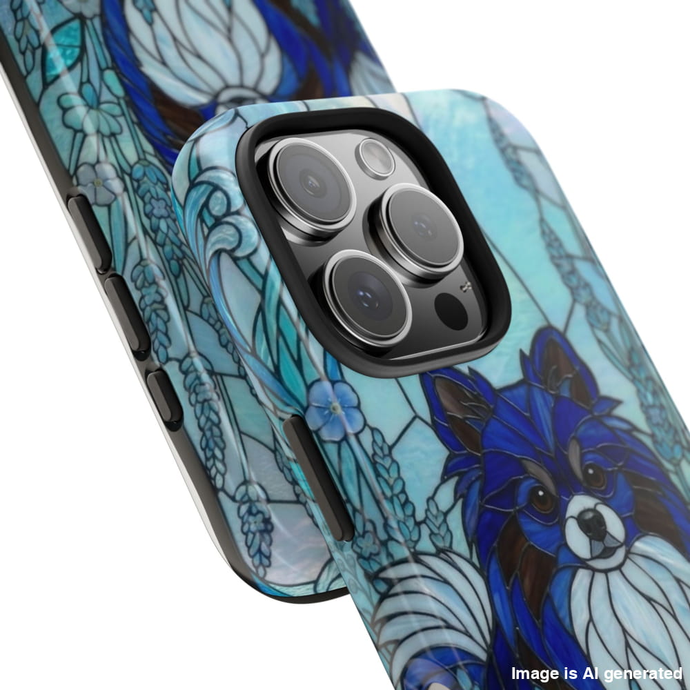 Pomeranian Stained Glass Style Tough Case, Ocean Blue Theme - iPhone 16 Pro - Phone Case