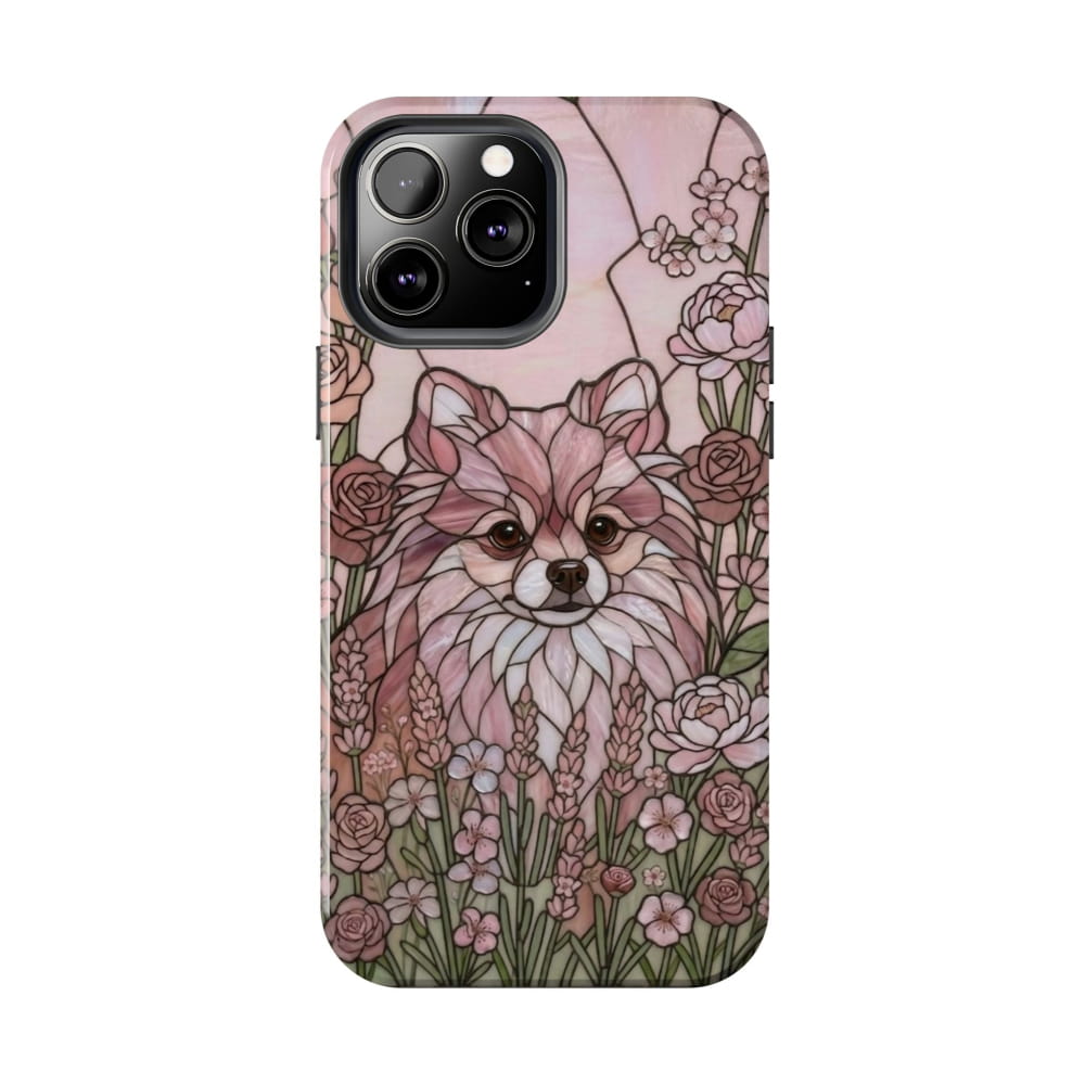 Pomeranian Stained Glass Style Tough Case, Rose Garden Theme - iPhone 13 Pro Max - Phone Case
