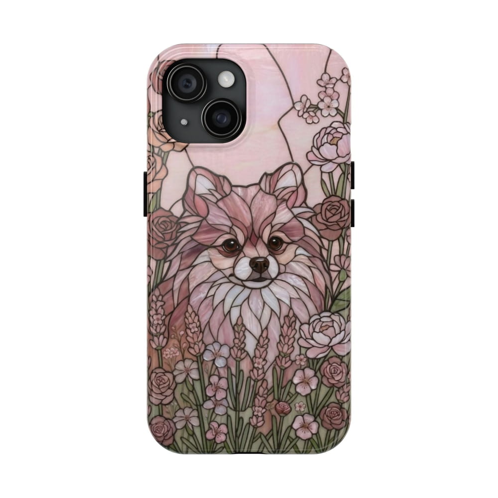 Pomeranian Stained Glass Style Tough Case, Rose Garden Theme - iPhone 15 - Phone Case