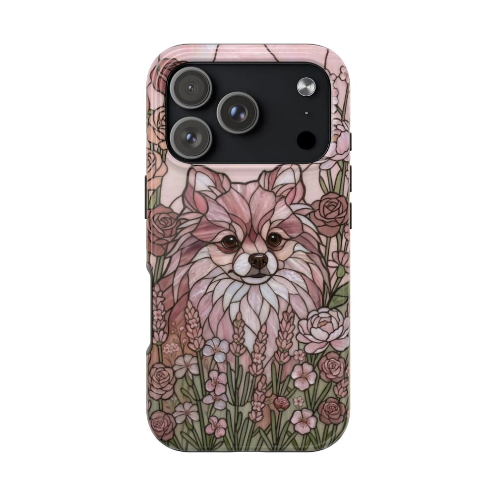 Pomeranian Stained Glass Style Tough Case, Rose Garden Theme - iPhone 17 Pro - Phone Case