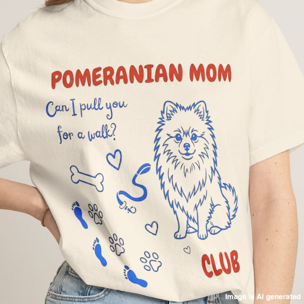 T-shirt with Pomeranian-themed design and text on a plain background