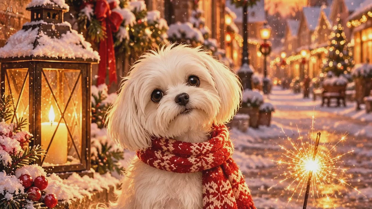 Load video: A white Maltese in a red scarf stands up in a snowy small-town street at sunset, shakes off the snow and walks away. Video is AI generated.