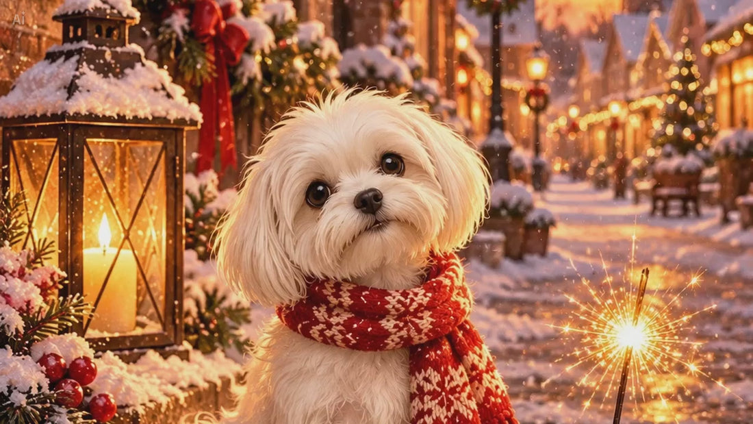 A white Maltese in a red scarf stands up in a snowy small-town street at sunset, shakes off the snow and walks away. Video is AI generated.