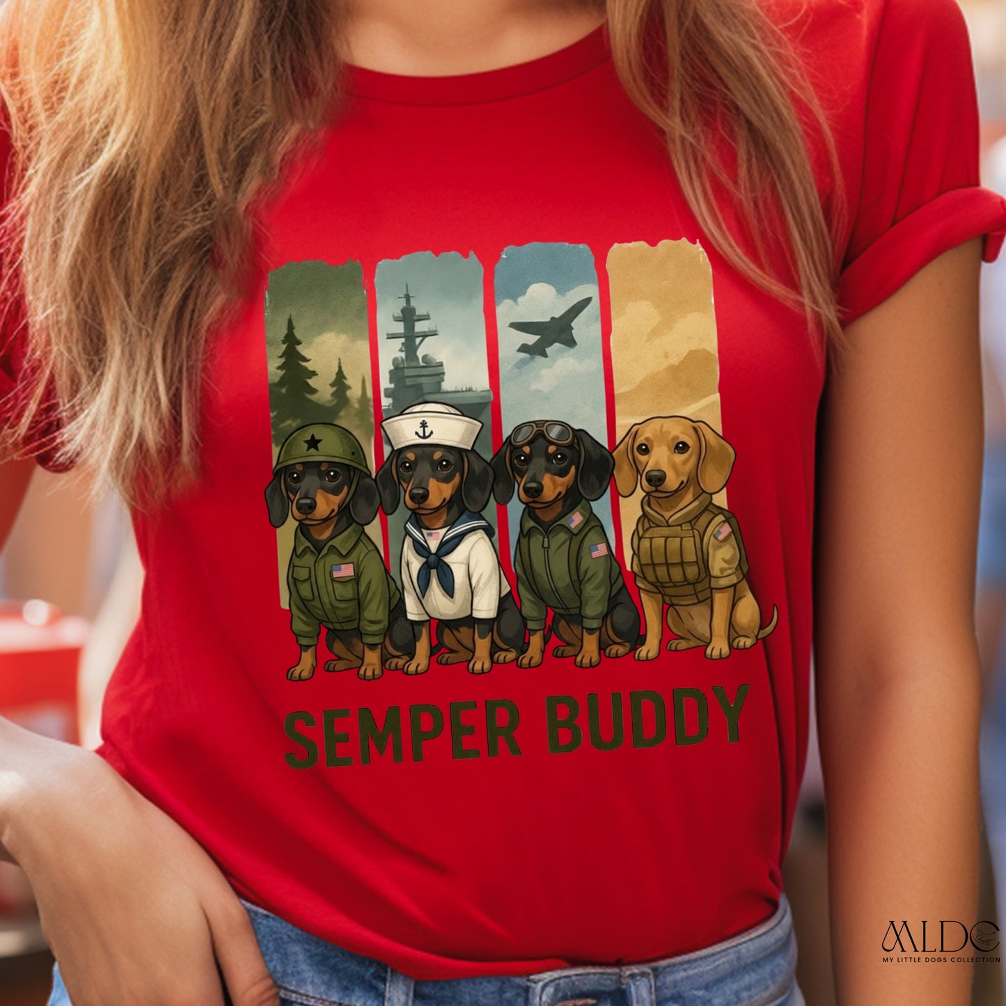 Red t-shirt with 'Semper Buddy' graphic featuring four dogs in military uniforms.