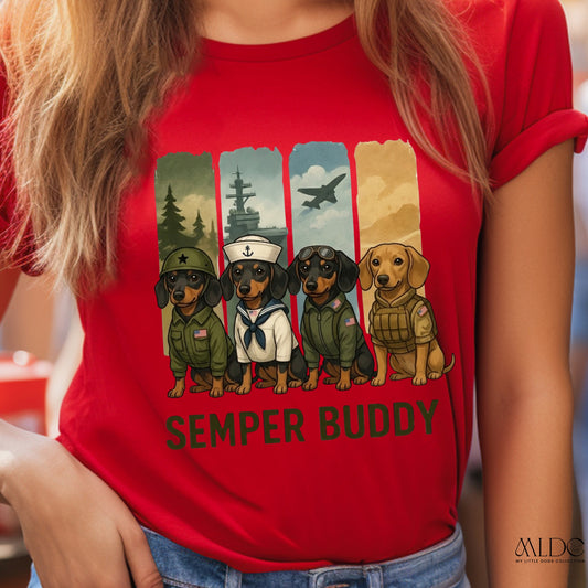 Red t-shirt with 'Semper Buddy' graphic featuring four dogs in military uniforms.