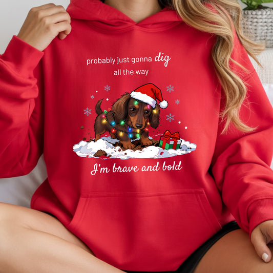 Red hoodie with a Christmas-themed dachshund graphic and text