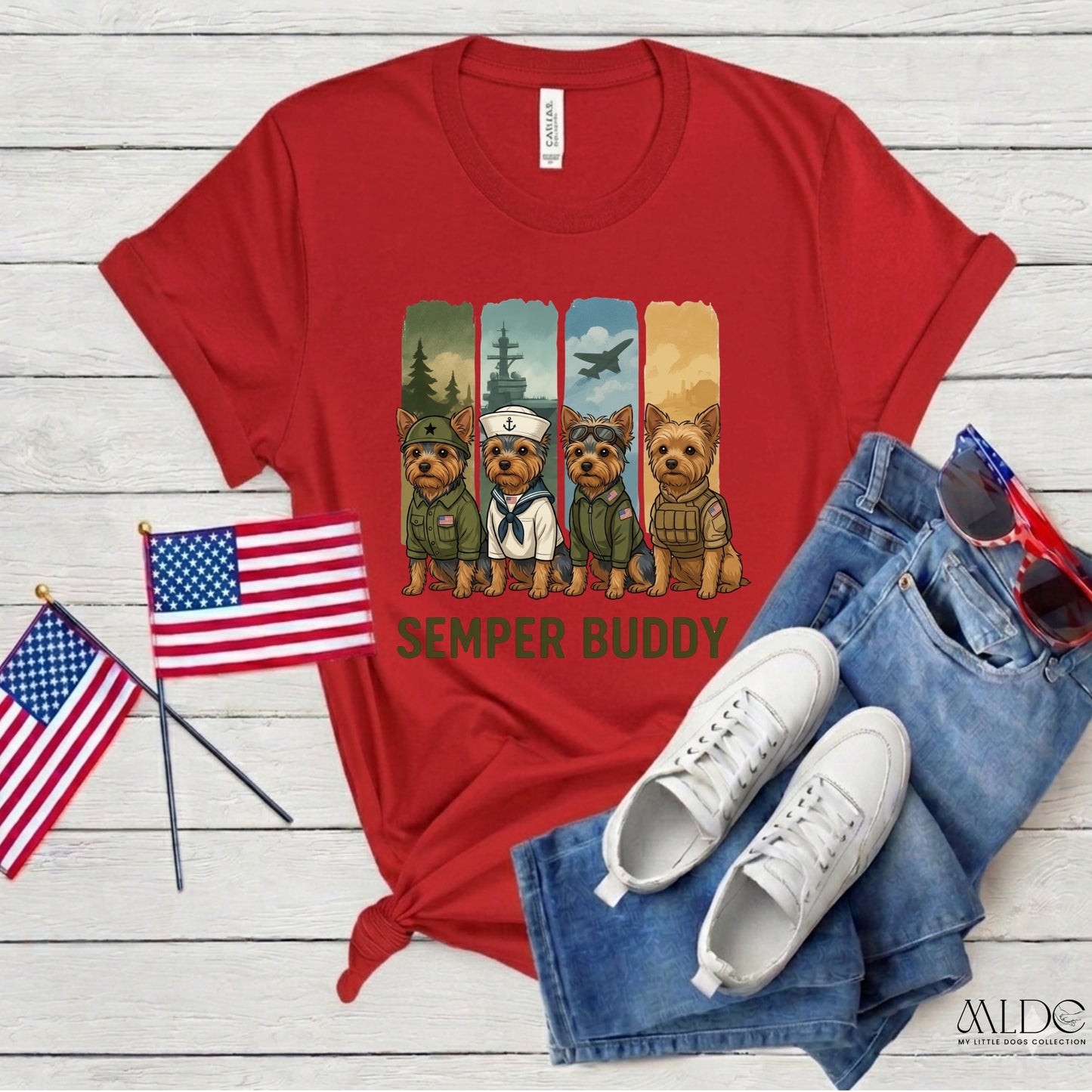 Semper Buddy Yorkie Premium Tee — Small Dog, Big Patriot