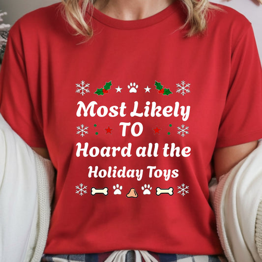 Red t-shirt with Christmas-themed text and graphics worn by a person.