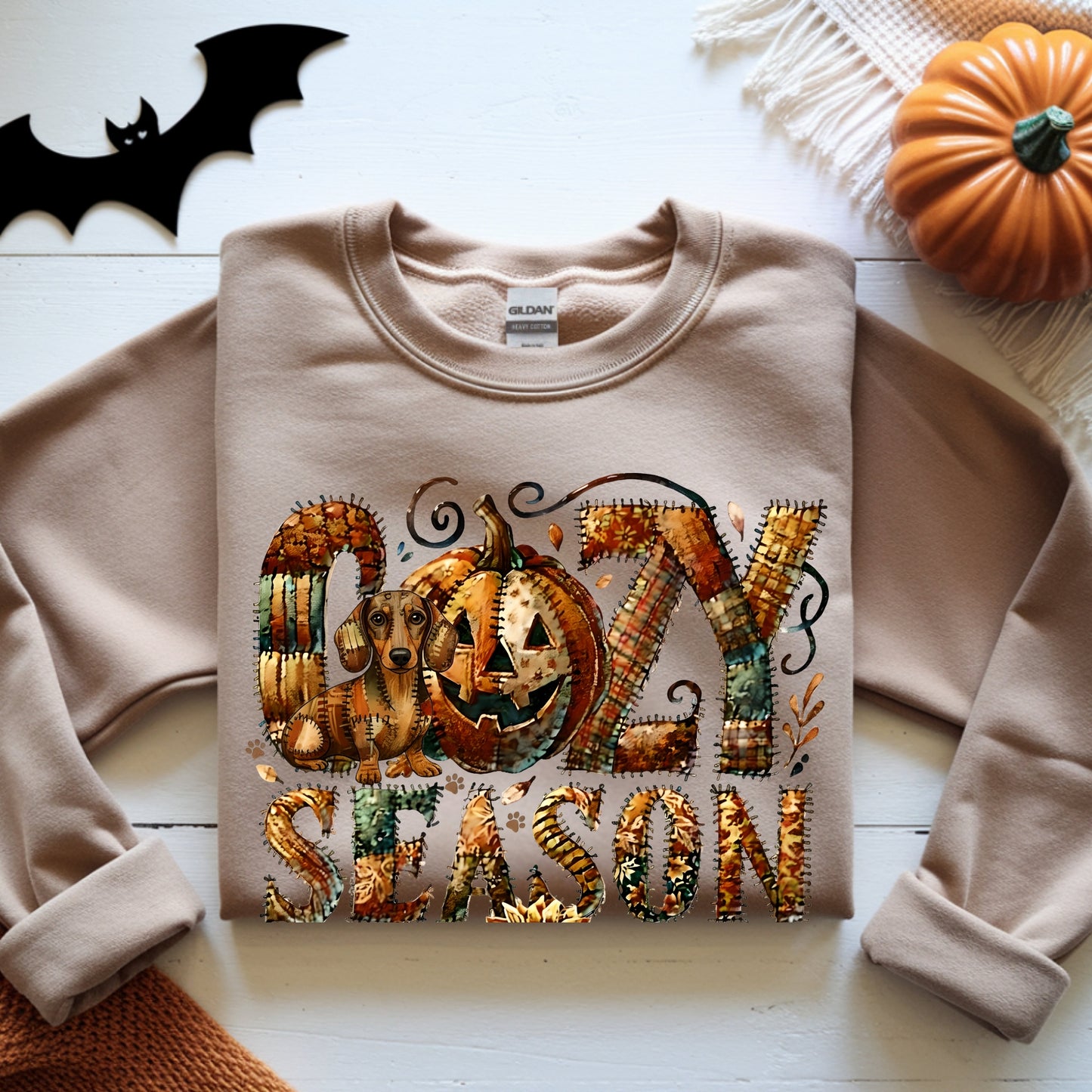 Cozy Season Dachshound Premium Sweatshirt – Autumn Halloween Patchwork Edition