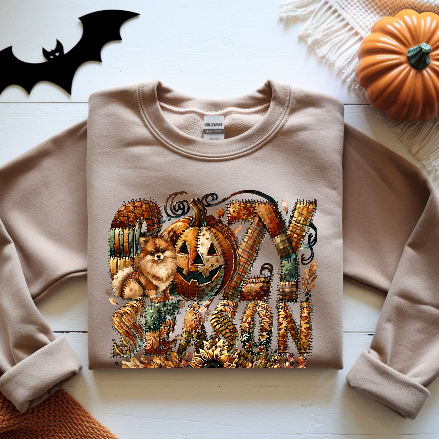 Cozy Season Pomeranian Premium Sweatshirt – Autumn Halloween Patchwork Edition