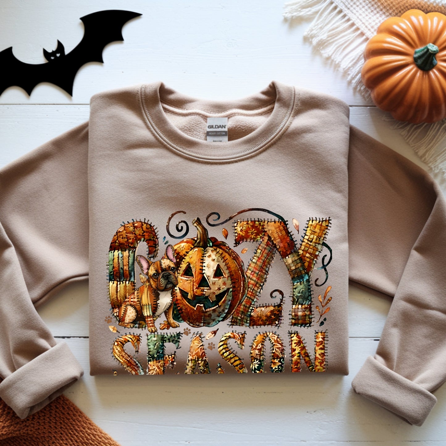 Cozy Season Frenchie Premium Sweatshirt – Autumn Halloween Patchwork Edition