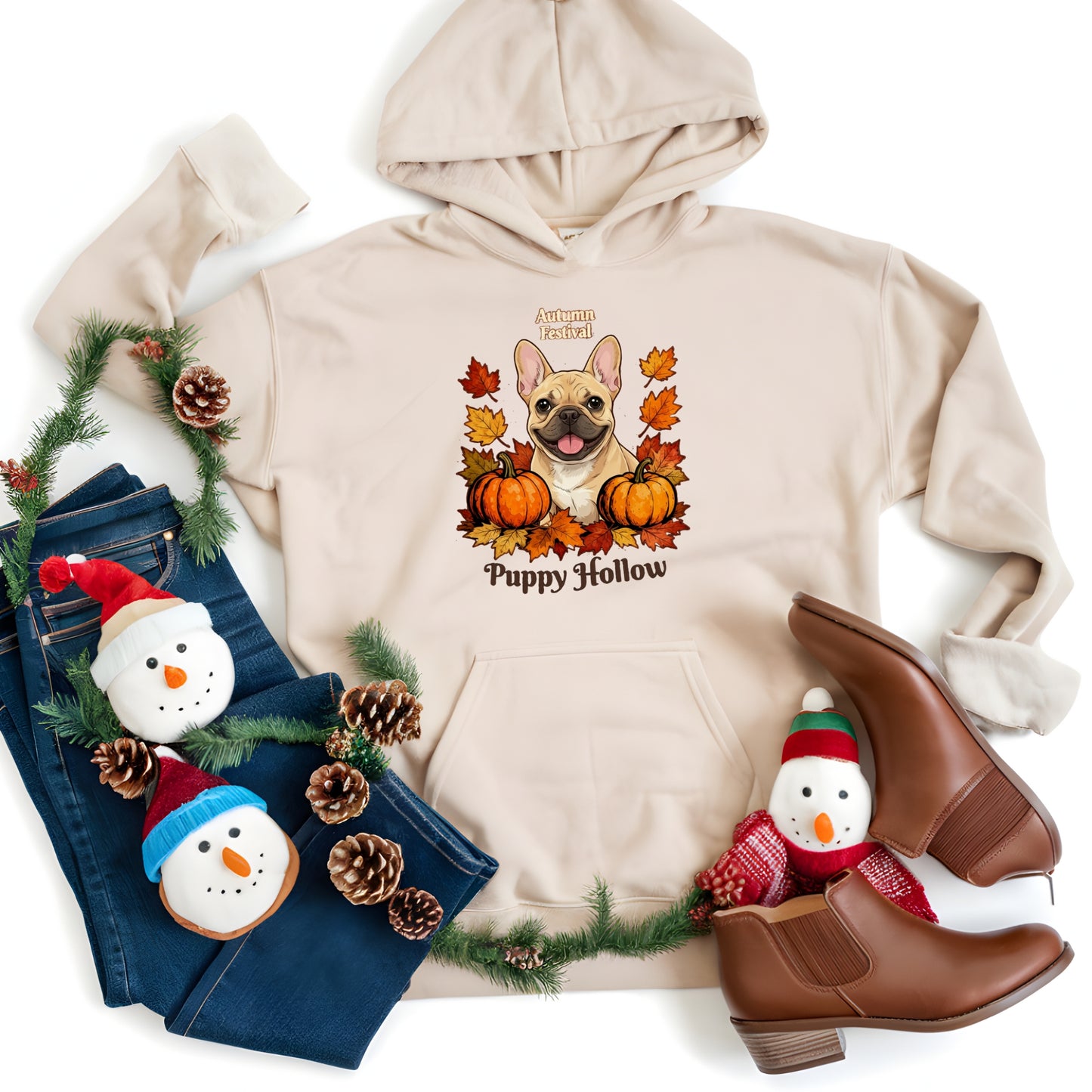 Frenchie Puppy Hollow Cozy Premium Unisex Hoodie – Fall Family & Community Edition