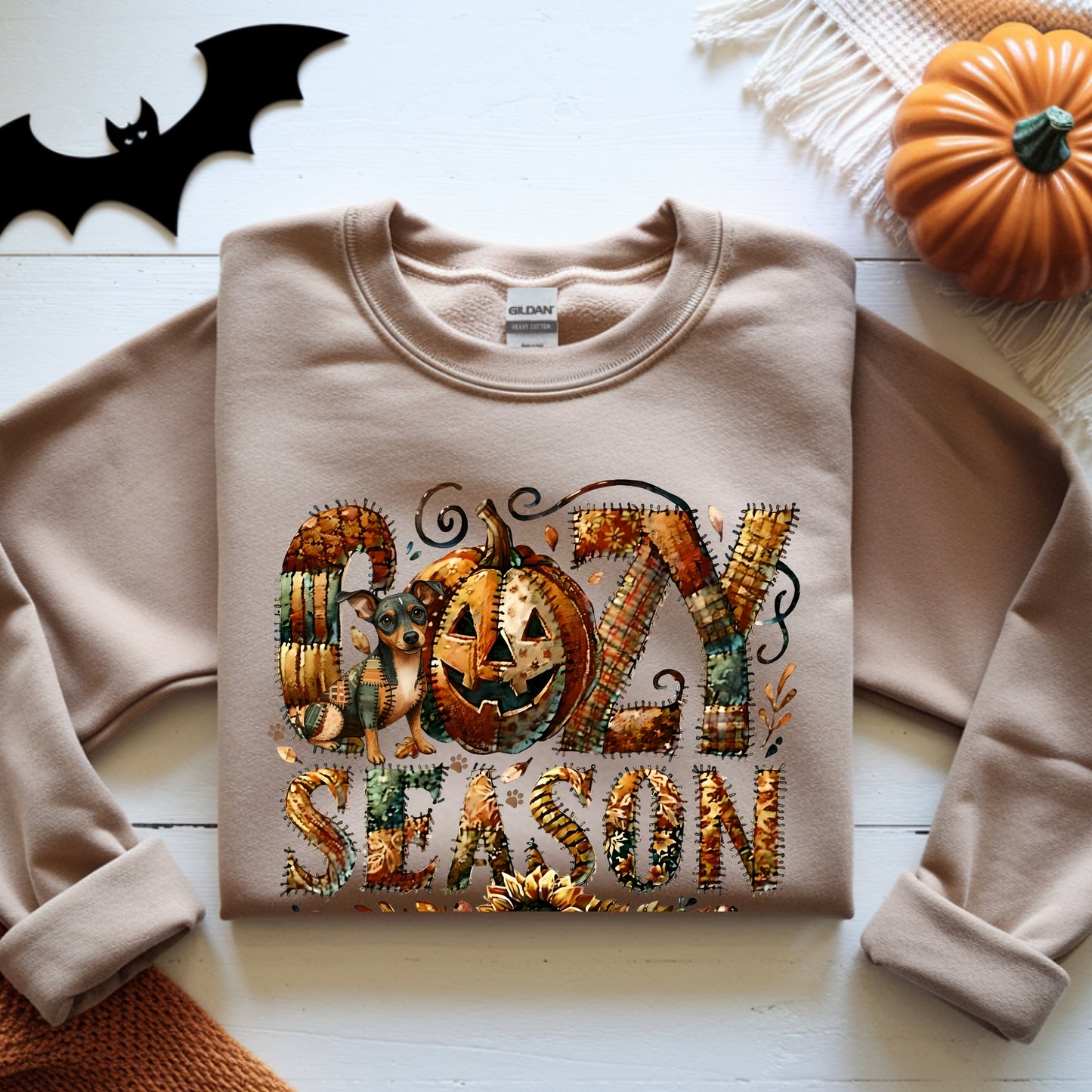 Cozy Season Mini Pinscher Premium Sweatshirt – Autumn Halloween Patchwork Edition