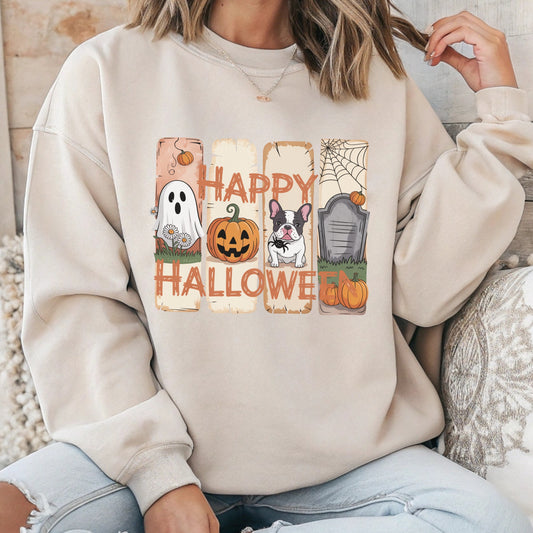 Sand sweatshirt with “Happy Halloween” design featuring a ghost, jack-o’-lantern, French Bulldog, gravestone, pumpkins, and cute autumn graphics.