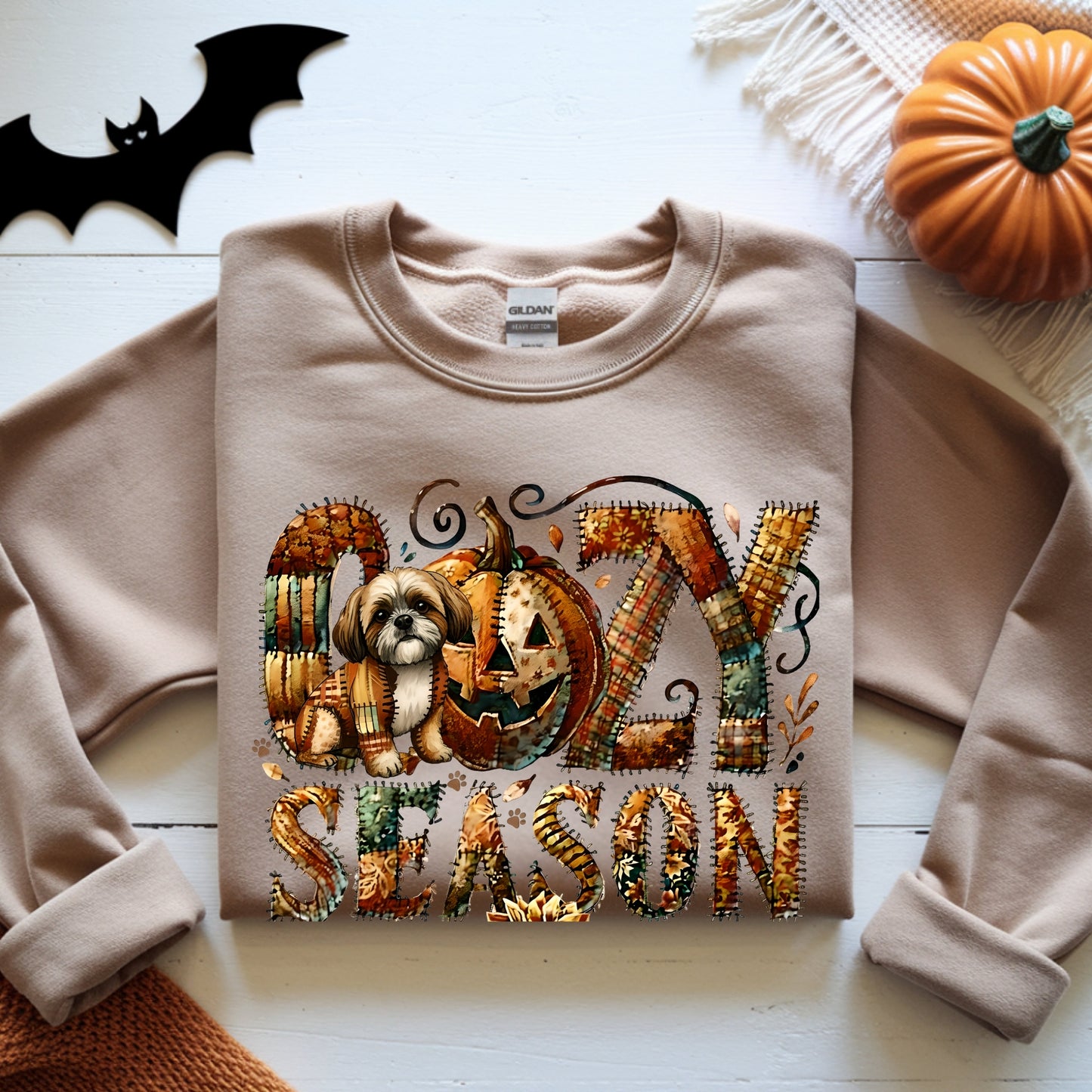 Cozy Season Maltese Premium Sweatshirt – Autumn Halloween Patchwork Edition