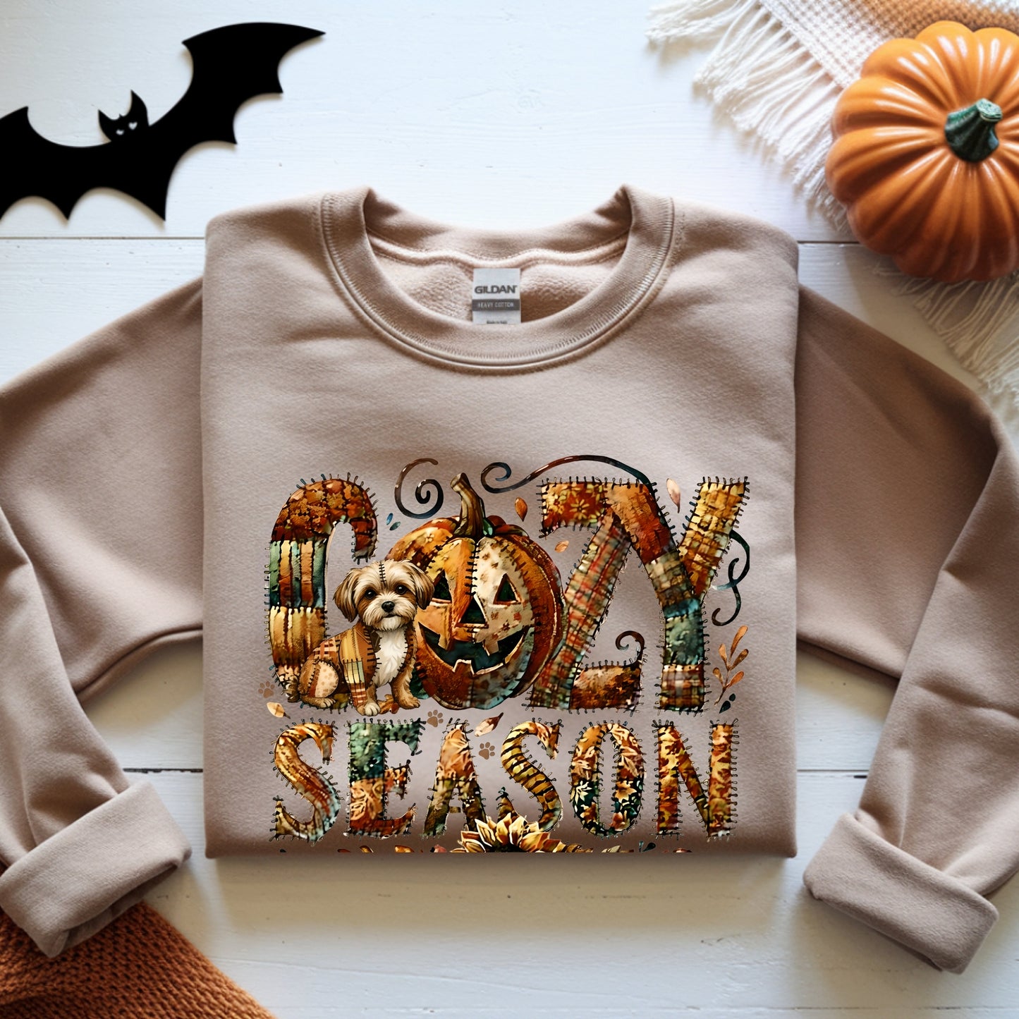 Cozy Season Shi Tzu Premium Sweatshirt – Autumn Halloween Patchwork Edition