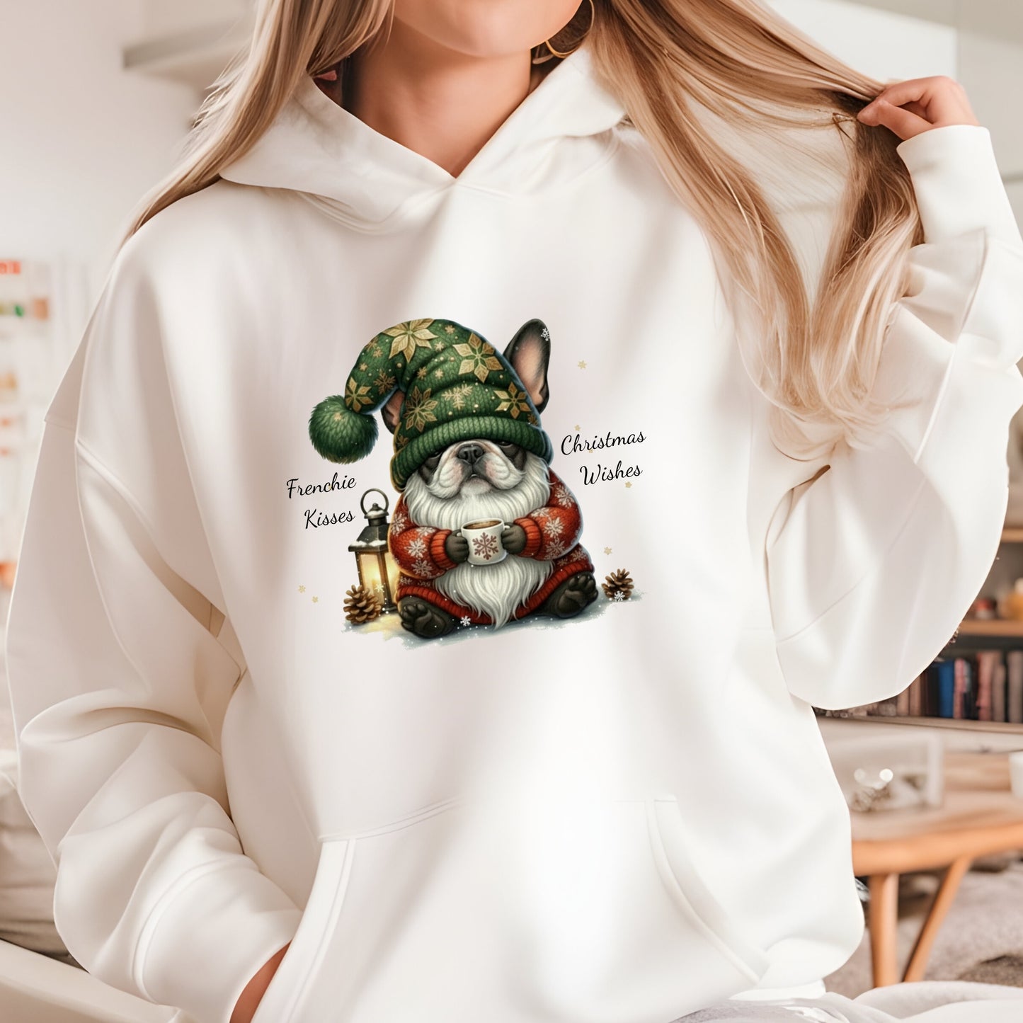 Beige hoodie with adorable French Bulldog dressed as a Christmas gnome, holding a lantern in festive holiday attire.