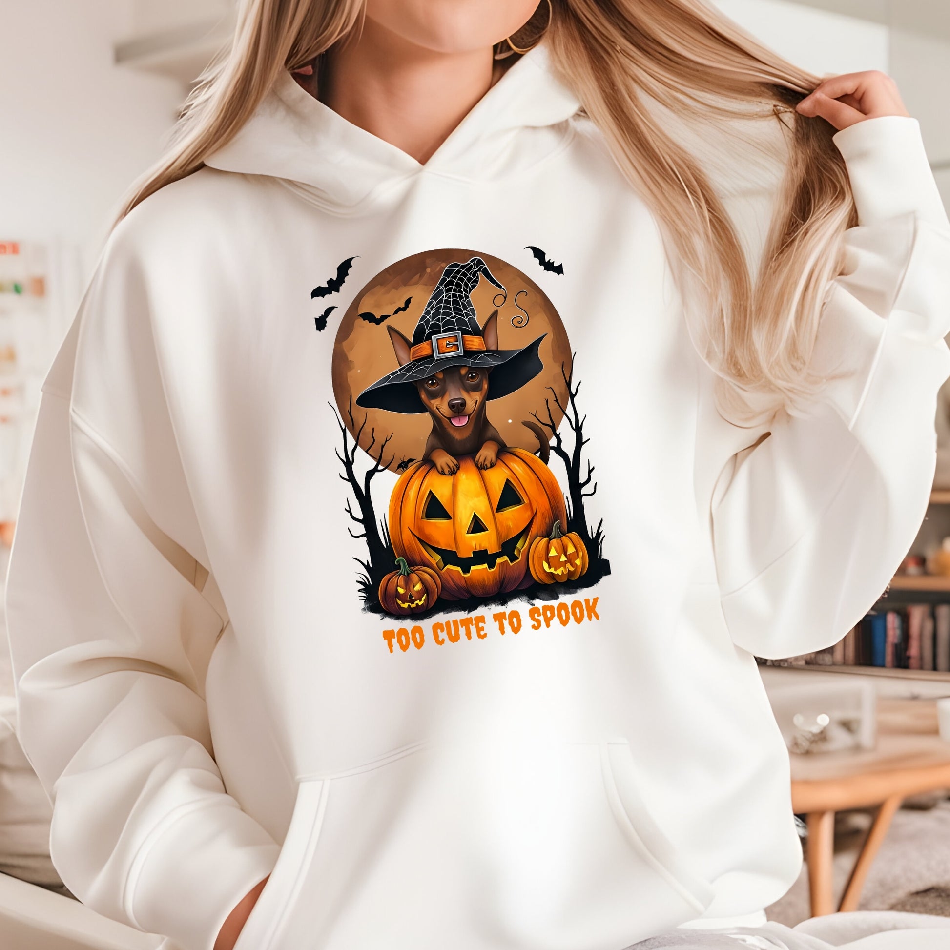 Sand hoodie with a Halloween-themed design featuring a dog in a witch hat on a pumpkin.