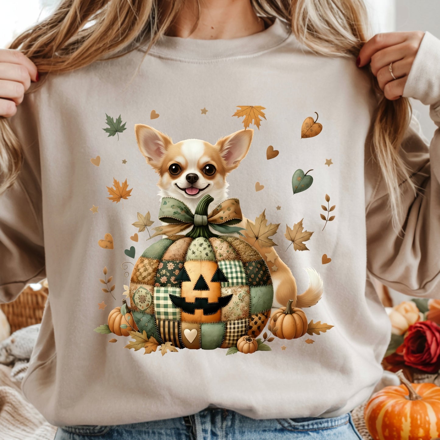 Person wearing a beige sweatshirt with a dog-themed design featuring pumpkins and leaves.