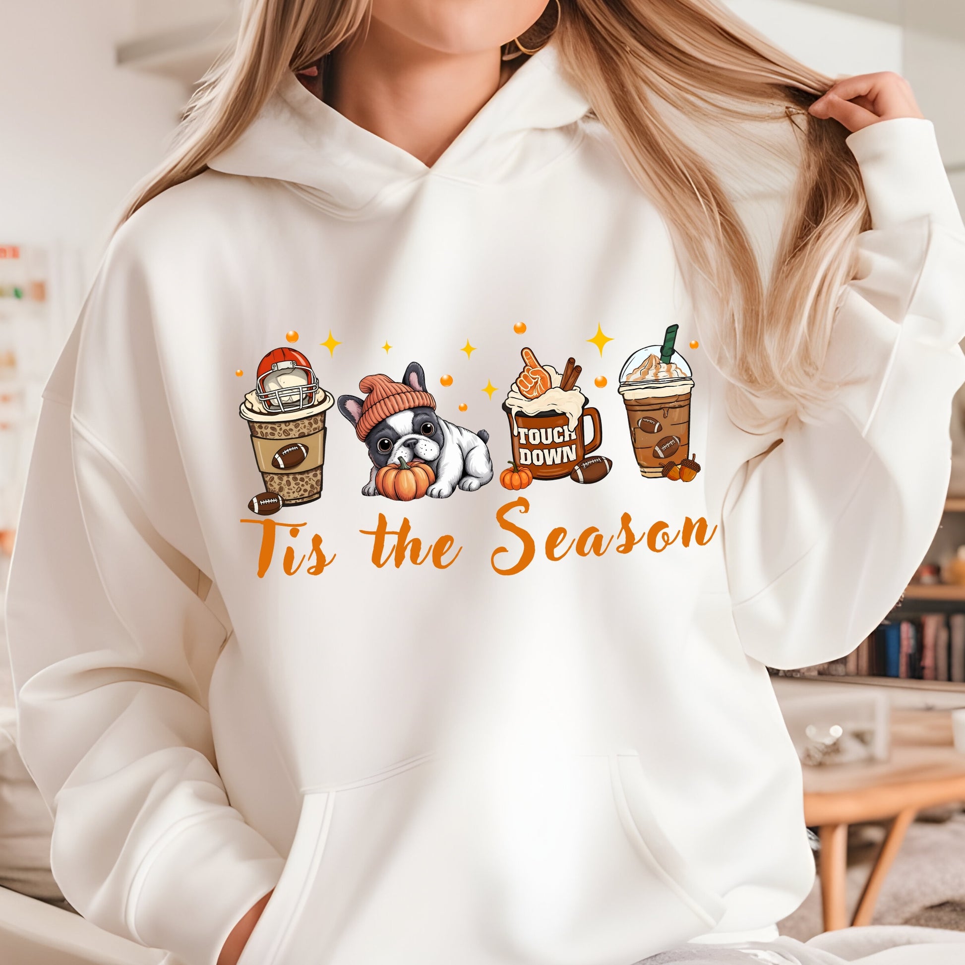 Sand hoodie with cute French Bulldog, pumpkin, football mug, autumn drinks and “Tis the Season” text
