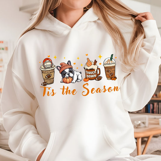 Sand hoodie with cute French Bulldog, pumpkin, football mug, autumn drinks and “Tis the Season” text